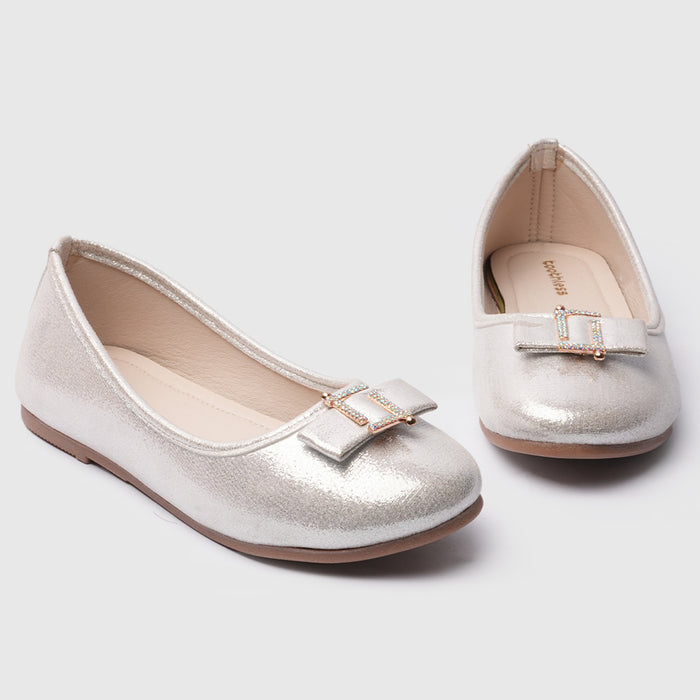 Girls Silver Shimmer Ballerina Flats with Jewel Bow Detail
