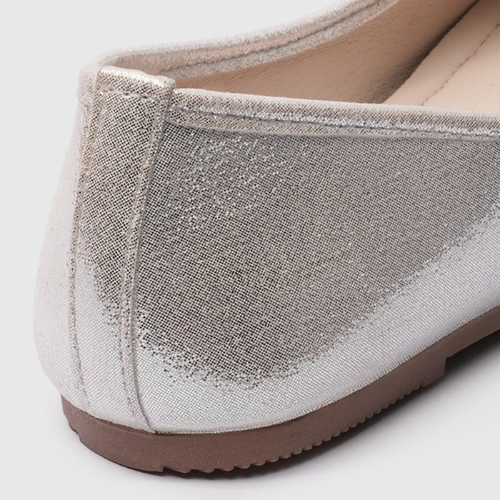 Girls Silver Shimmer Ballerina Flats with Jewel Bow Detail