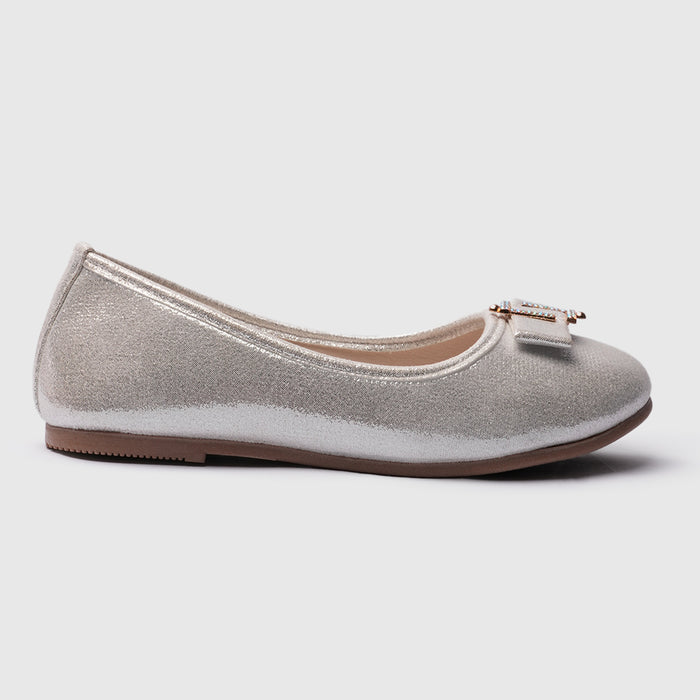 Girls Silver Shimmer Ballerina Flats with Jewel Bow Detail