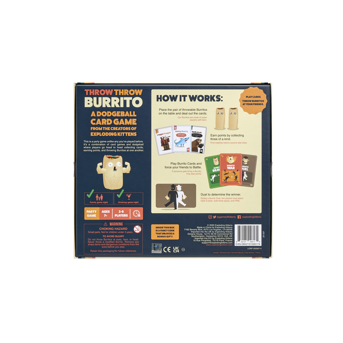 Throw Throw Burrito box back with how-to-play instructions