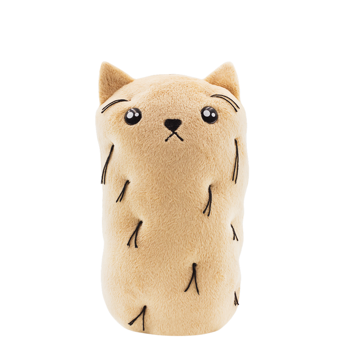Hairy Potato Cat mini plush, front view of a beige potato-shaped cat