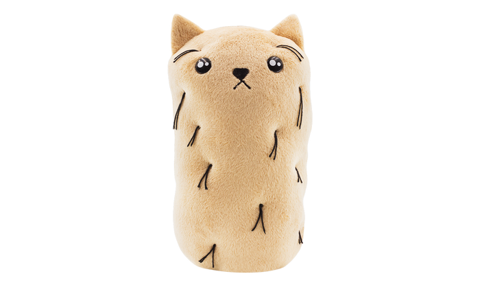 Hairy Potato Cat plush, front view of a beige potato-shaped cat