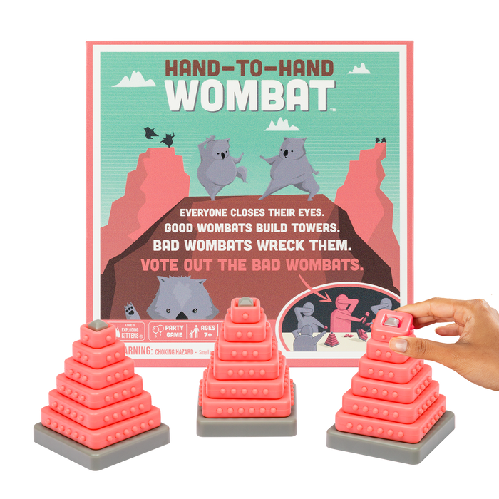 Hand-To-Hand Wombat box front, teal box with stacking towers