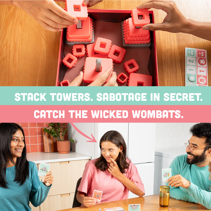 Hands stacking towers in Hand-To-Hand Wombat; stack and sabotage in secret