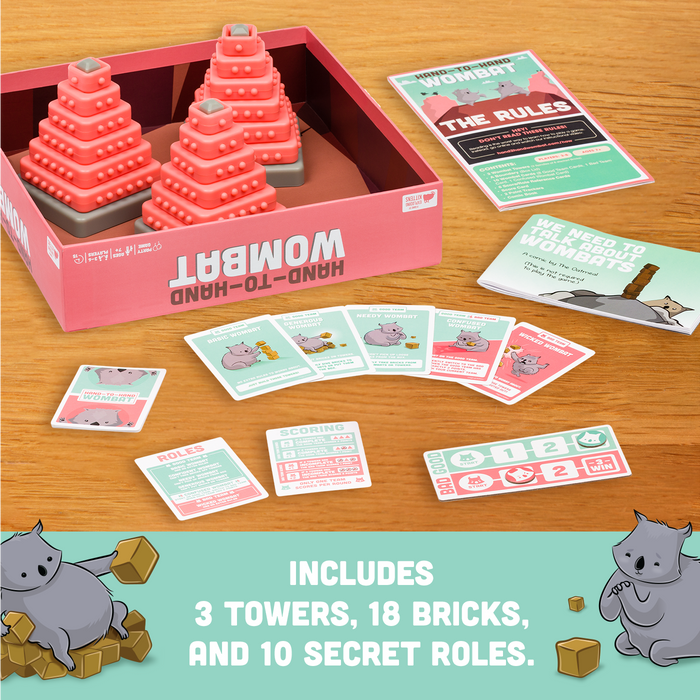 Hand-To-Hand Wombat contents: towers, bricks and secret role cards