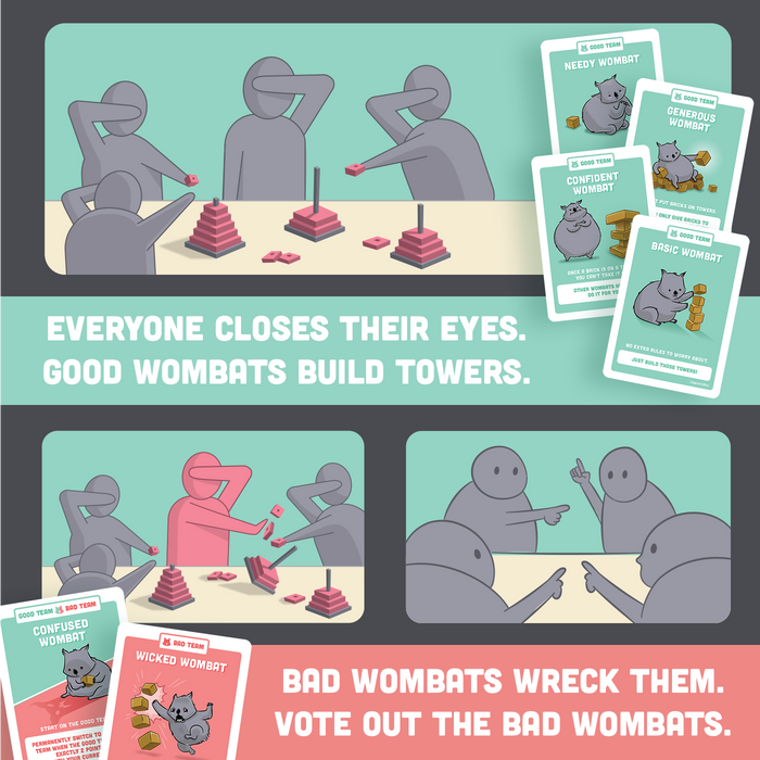 Wombat gameplay graphic: good wombats build towers, bad wombats wreck them