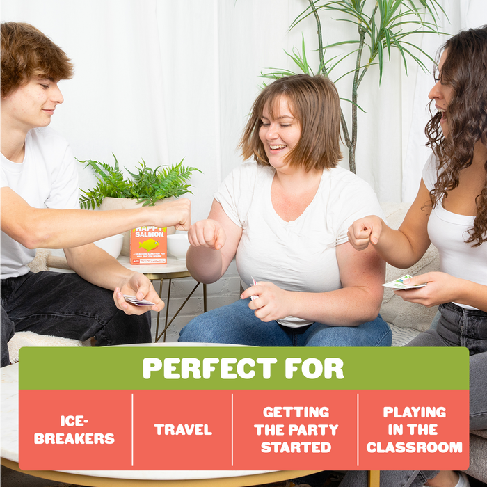 Friends playing Happy Salmon Grab & Game; perfect for icebreakers and travel