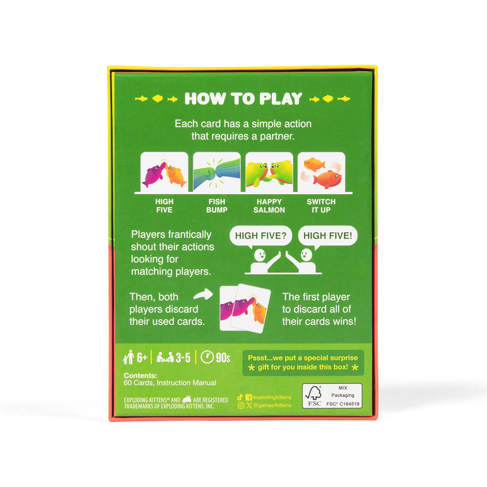 Happy Salmon Grab & Game box back with how-to-play instructions