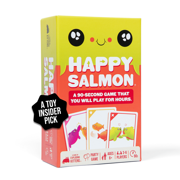 Happy Salmon small box at an angle, with a cartoon salmon
