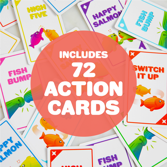 Happy Salmon cards, 72 action cards spread out
