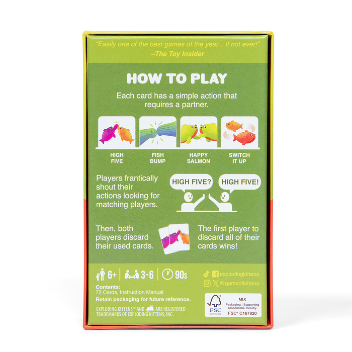Happy Salmon small box back with how-to-play instructions