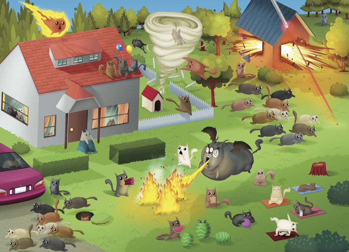 Housing Boom puzzle artwork: a chaotic suburban scene with a tornado and cats