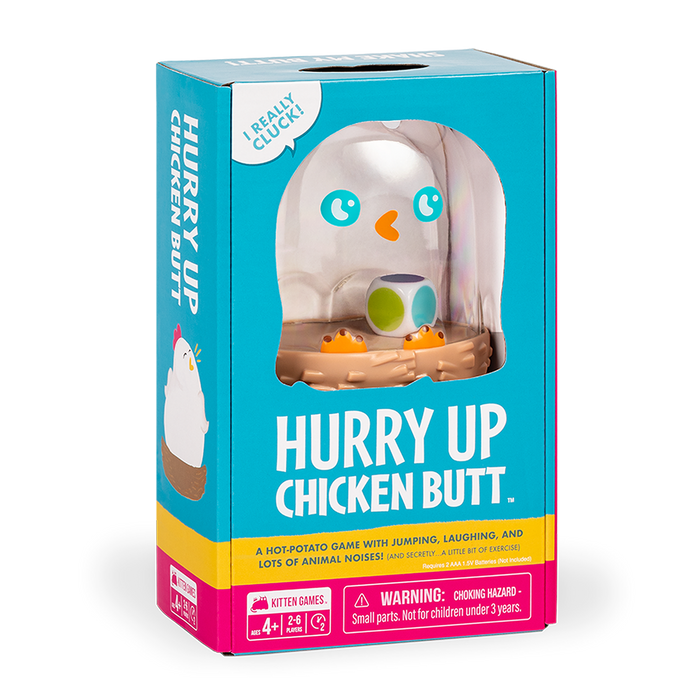 Hurry Up Chicken Butt box at an angle, teal box with a chicken shaker