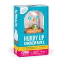 Hurry Up Chicken Butt box at an angle, teal box with a chicken shaker