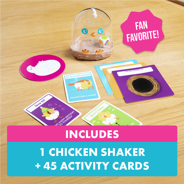 Hurry Up Chicken Butt contents: a chicken shaker and 45 activity cards