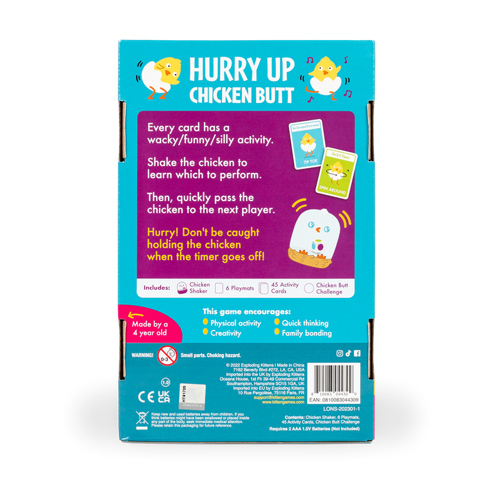 Hurry Up Chicken Butt box back with how-to-play instructions