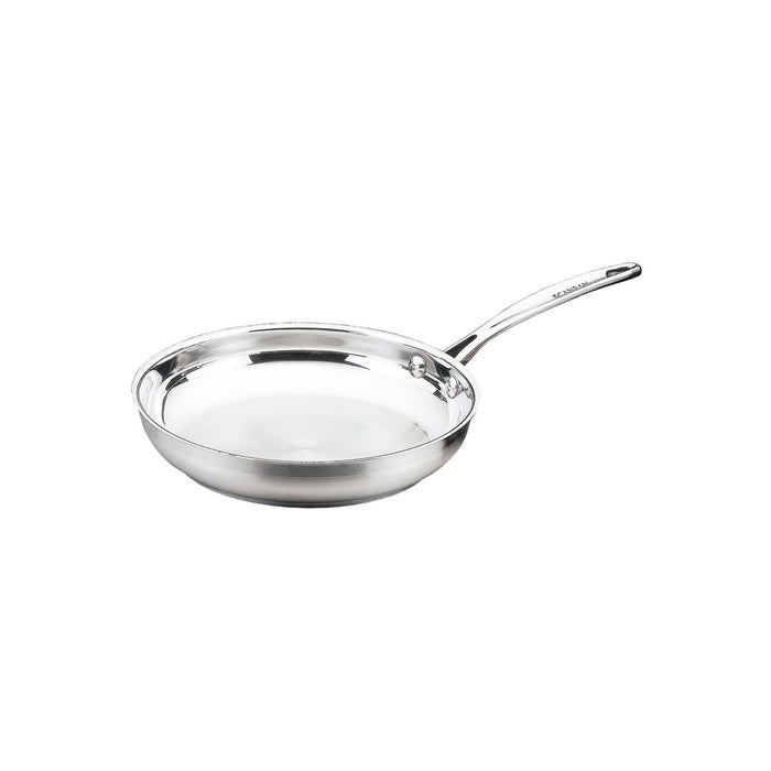 Stainless steel frying pan on a white background