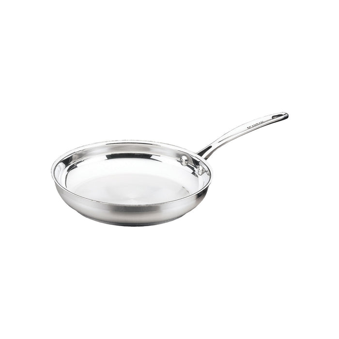 Stainless steel frying pan on a white background