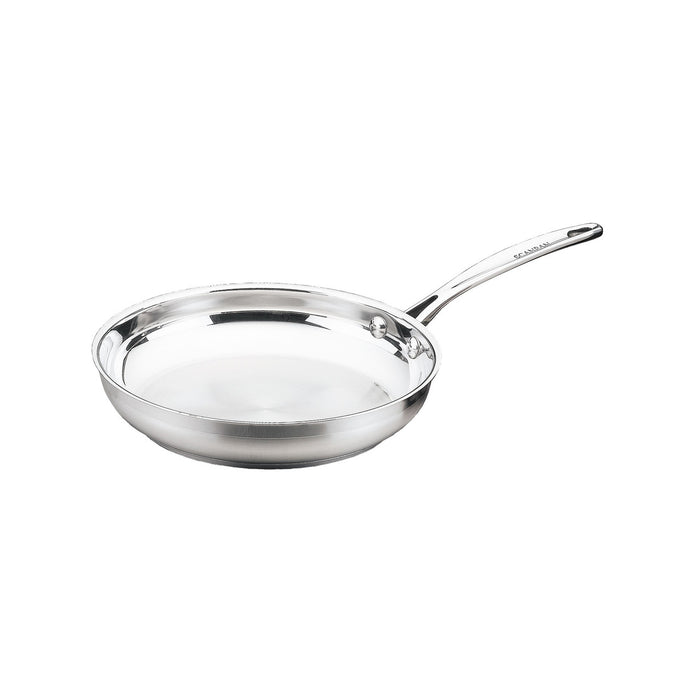 Stainless steel frying pan on a white background
