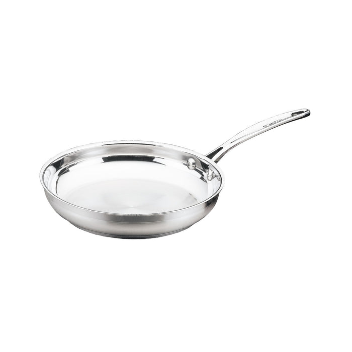 Stainless steel frying pan on a white background