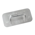 Metallic protein press tool with engraved illustrations on a white background