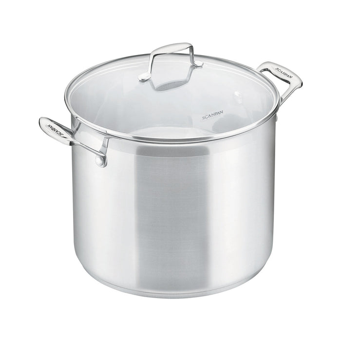 Stainless steel pot with lid on a white background