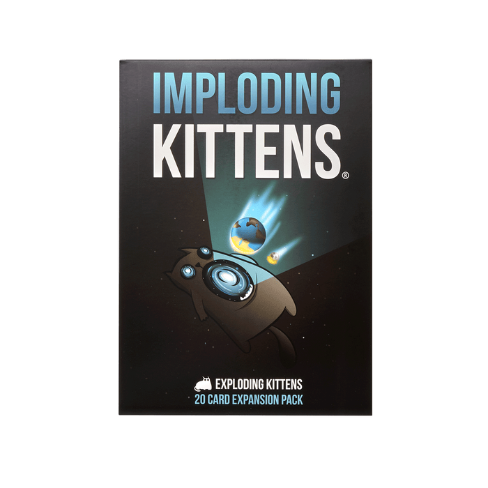 Imploding Kittens expansion box front, dark box with a glowing kitten