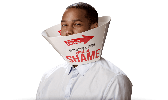 A man wearing the Imploding Kittens cone of shame