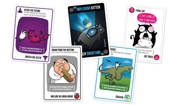 A spread of Imploding Kittens cards including Alter the Future and Feral Cat