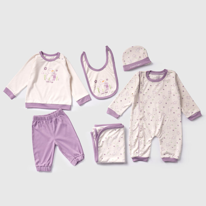 Infant Baby Multipack in Lavender with Full-Sleeve Romper, Coord Set, Bib, Cap & Swaddle Blanket