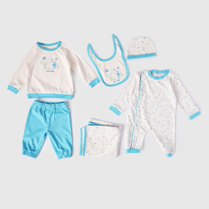 Infant Baby Multipack in Light Blue with Full-Sleeve Romper, Coord Set, Bib, Cap & Swaddle Blanket
