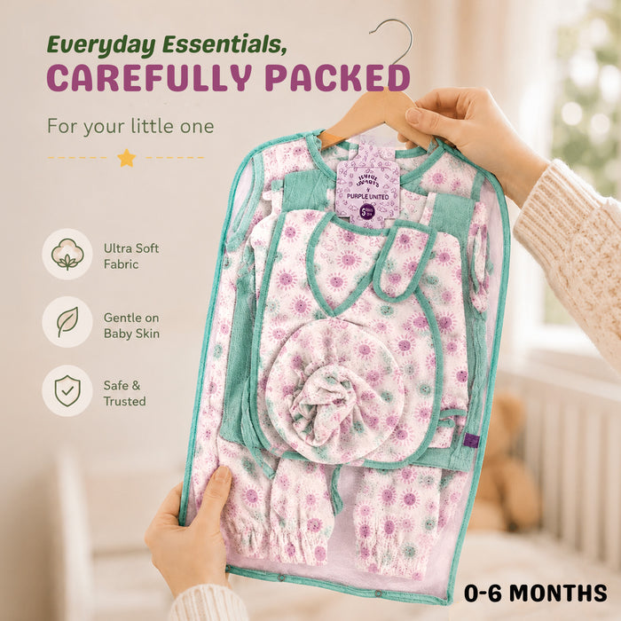 Infant Baby Multipack in Light Green with Soft Fabric Rompers, Bib, Cap & Swaddle Blanket