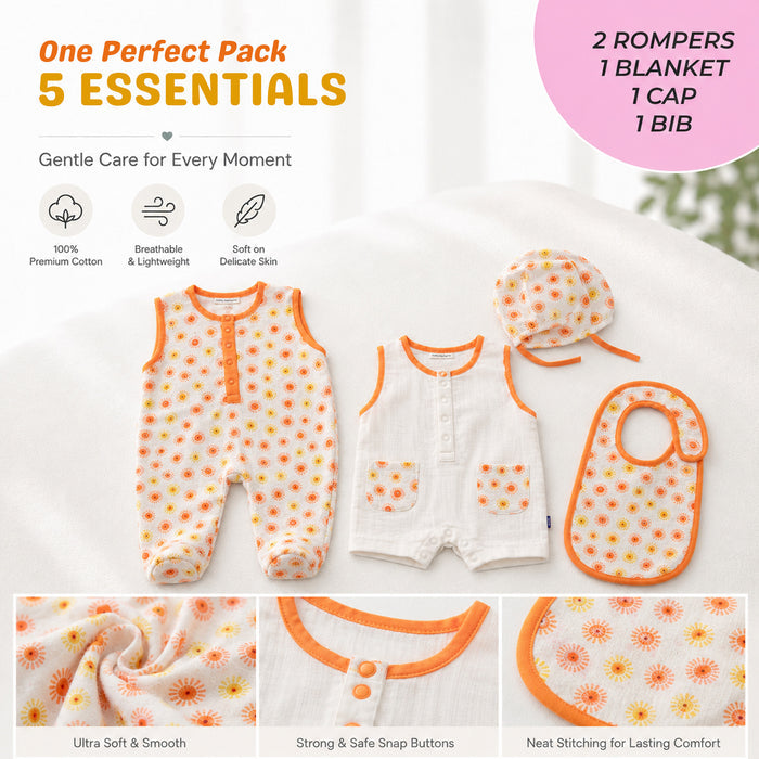 Infant Baby Multipack in Orange with Soft Rompers, Bib, Cap & Swaddle Blanket; Newborn Essentials