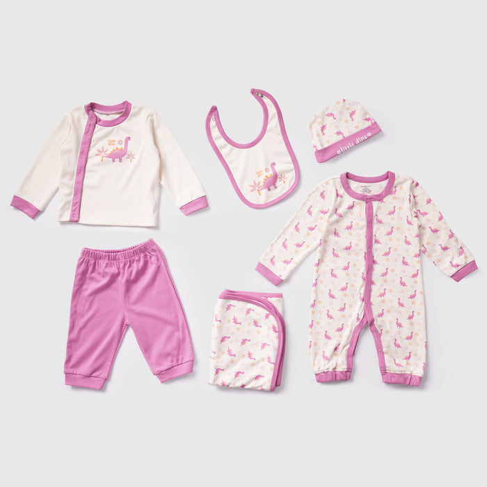 Infant Baby Multipack in Pink Dinosaur Print with Full-Sleeve Romper, Coord Set, Bib, Cap & Blanket