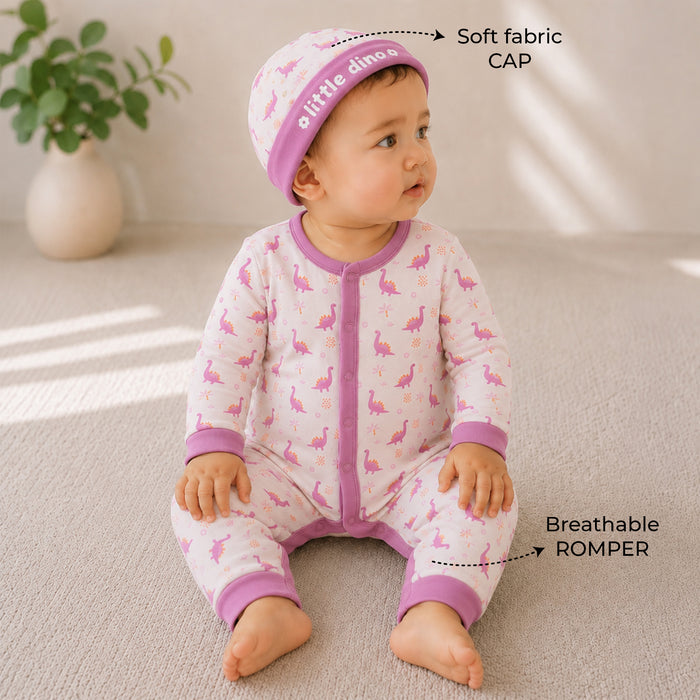 Infant Baby Multipack in Pink Dinosaur Print with Full-Sleeve Romper, Coord Set, Bib, Cap & Blanket