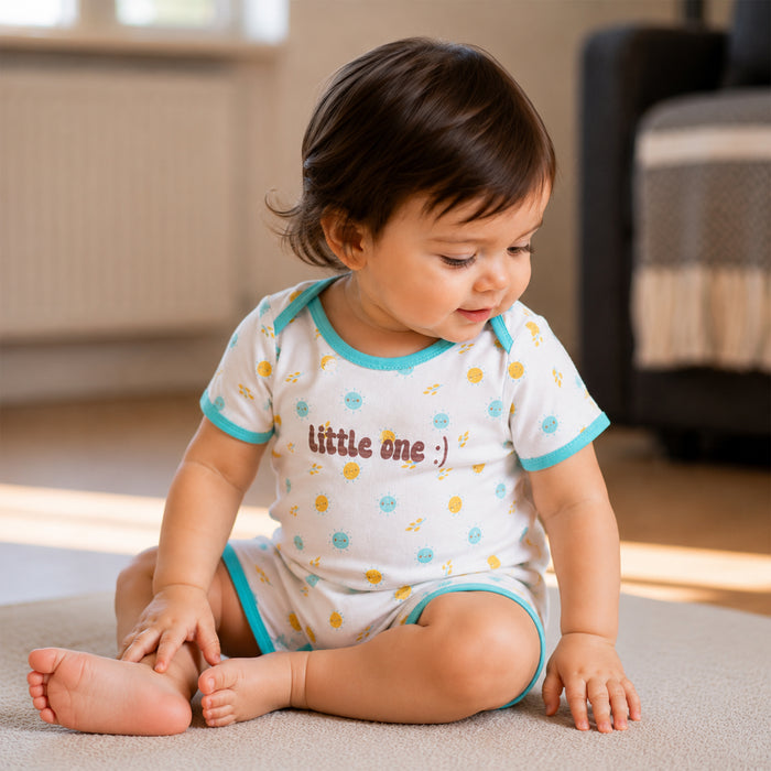 Infant Baby Romper in Light Blue with Graphic Print, Soft Cotton & Snap Closure Comfort