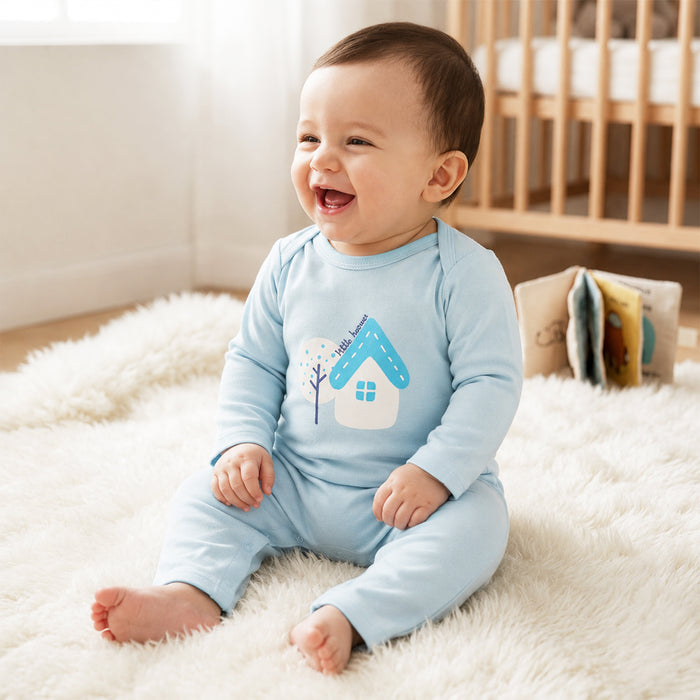 Infant Baby Romper in Light Blue with Soft Fabric, Full Sleeves, Snap Buttons & Relaxed Fit
