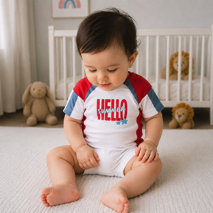 Infant Baby Romper in Red with Contrast Panels, Snap Closure & Soft Knit Comfort
