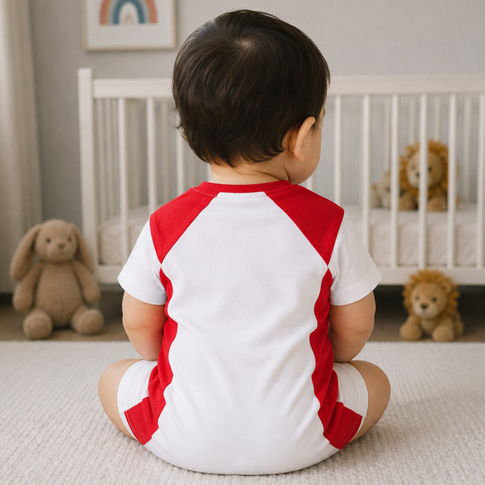 Infant Baby Romper in Red with Contrast Panels, Snap Closure & Soft Knit Comfort