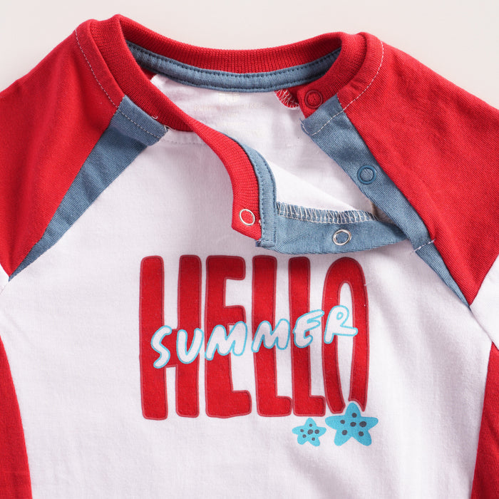 Infant Baby Romper in Red with Contrast Panels, Snap Closure & Soft Knit Comfort