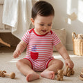 Infant Baby Romper in Red with Striped Pattern, Pocket Detail & Snap Button Closure