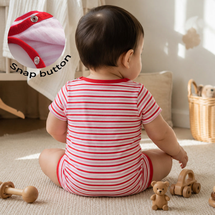 Infant Baby Romper in Red with Striped Pattern, Pocket Detail & Snap Button Closure