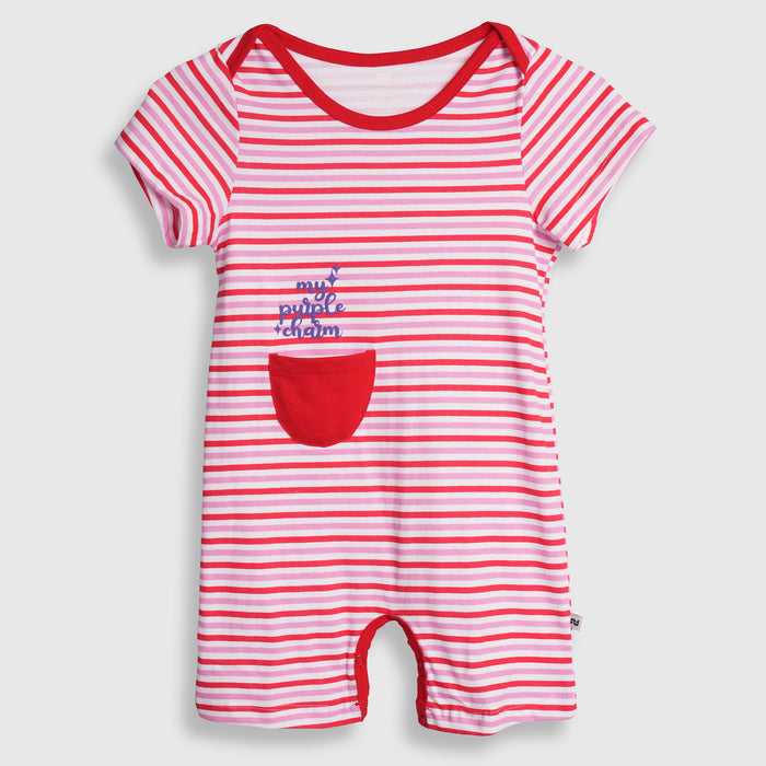 Infant Baby Romper in Red with Striped Pattern, Pocket Detail & Snap Button Closure