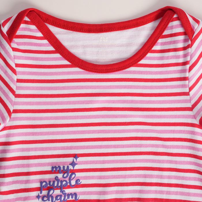 Infant Baby Romper in Red with Striped Pattern, Pocket Detail & Snap Button Closure