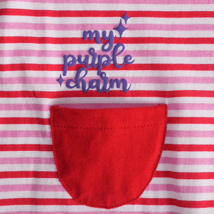 Infant Baby Romper in Red with Striped Pattern, Pocket Detail & Snap Button Closure