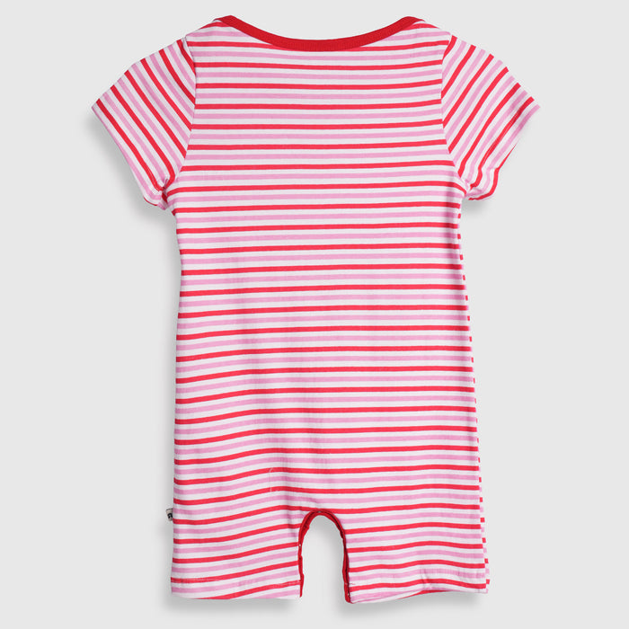 Infant Baby Romper in Red with Striped Pattern, Pocket Detail & Snap Button Closure