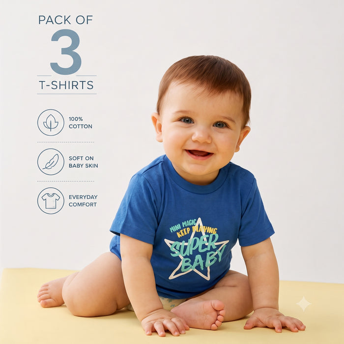 Infant Baby Tshirt Set in Multicolour with Soft Comfort Fabric, Playful Prints & Snap Buttons - (Pack of 3)