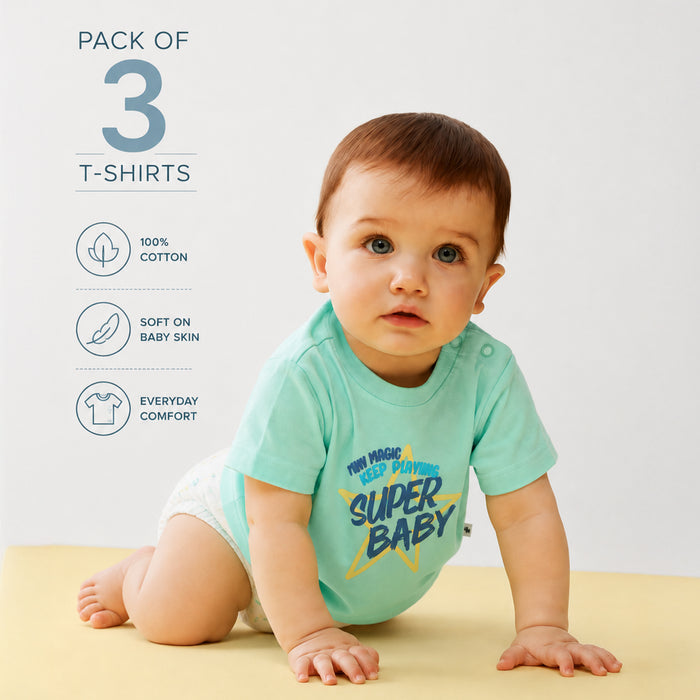 Infant Baby Tshirt Set in Multicolour with Soft Comfort Fabric, Printed Designs & Snap Buttons - (Pack of 3)