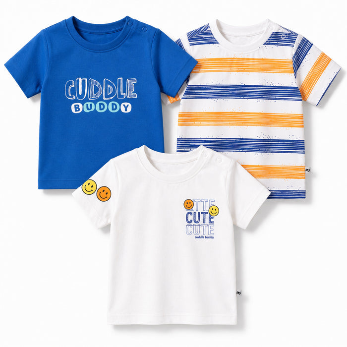 Infant Baby Tshirt Set in Multicolour with Soft Fabric, Cute Graphic Details & Snap Buttons - (Pack of 3)
