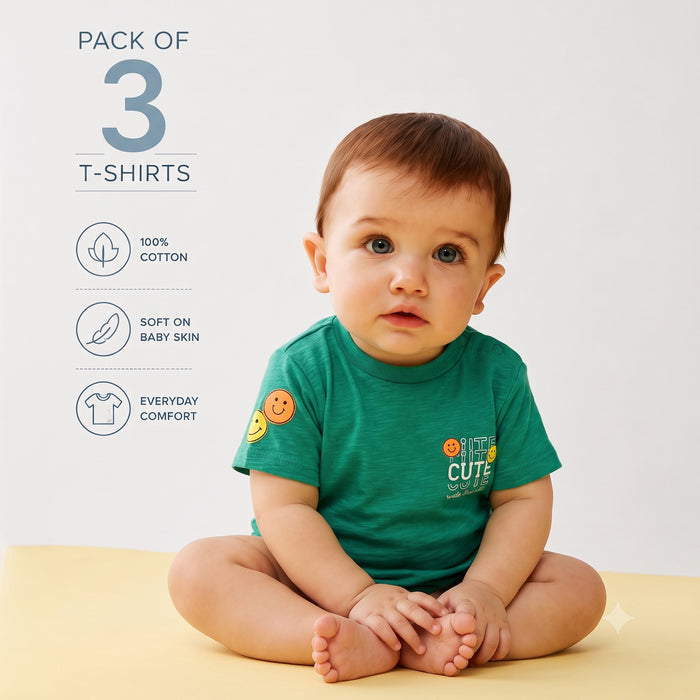 Infant Baby Tshirt Set in Multicolour with Soft Fabric, Cute Graphic Prints & Snap Buttons - (Pack of 3)